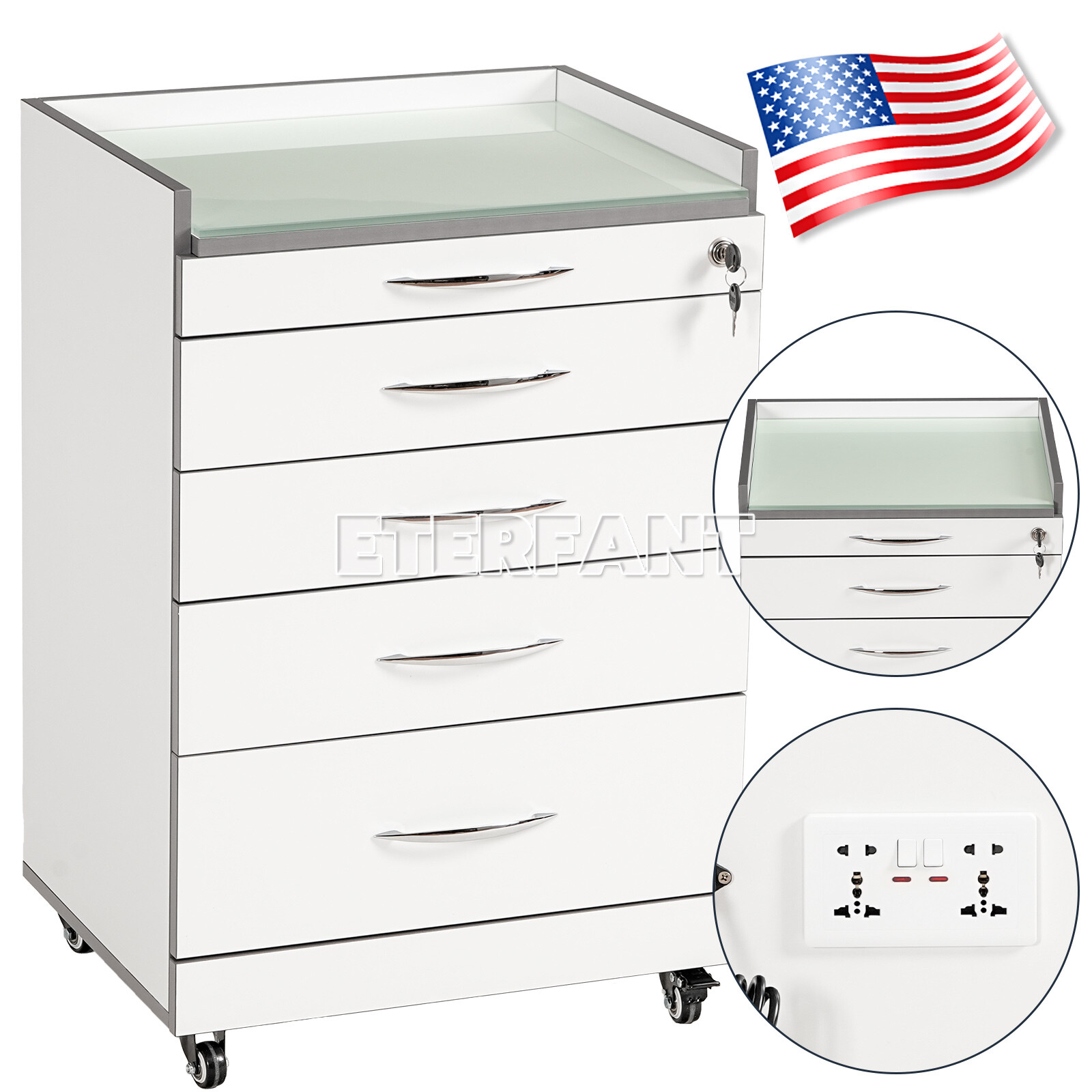 Dental Drawers Storage Cart+Glass Top+Socket/3 Layer Trolley Mobile Rolling Cart