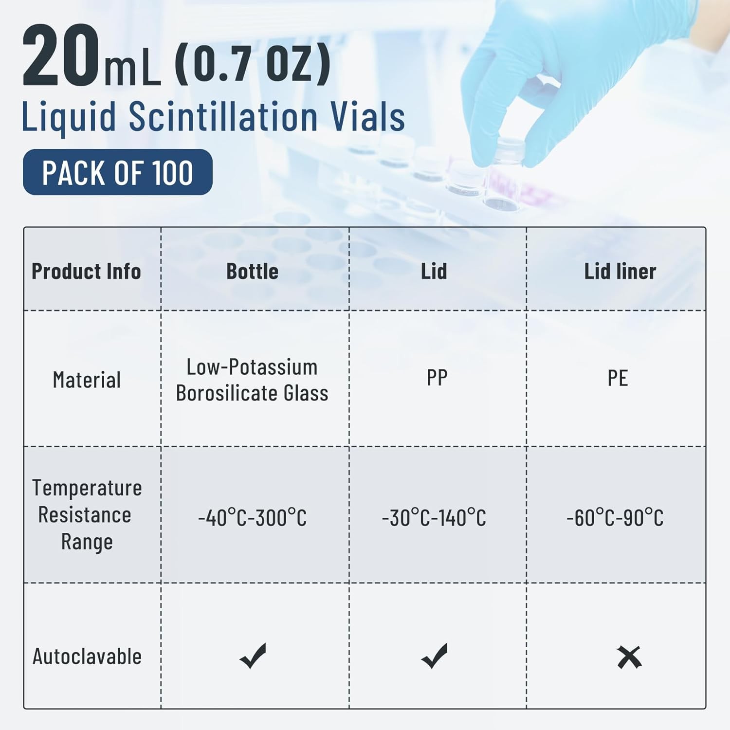100/500Pcs 20mL Scintillation Vial Glass Vial Counting Vials Cone Shaped Liner