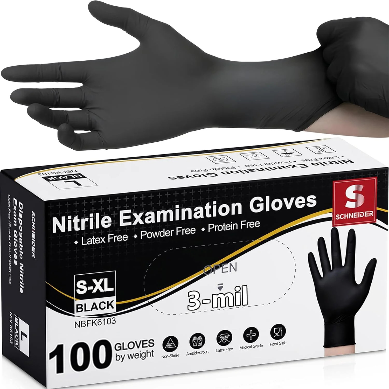 Schneider Nitrile Exam Gloves, Black Latex Free Powder Free Disposable Gloves fo