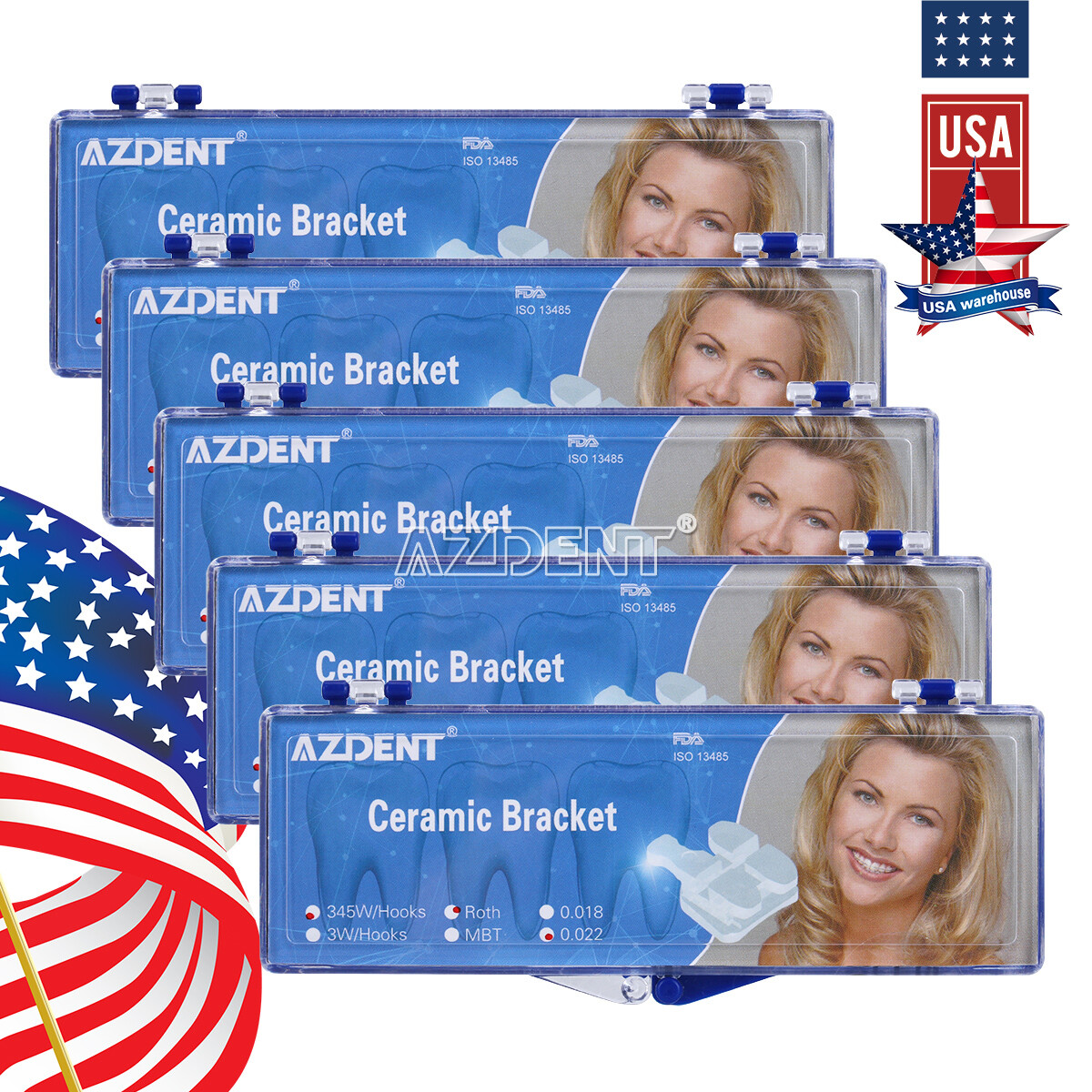 AZDENT Dental Orthodontic Clear Ceramic Braces Bracket Roth Slot.022 Hooks 3-4-5