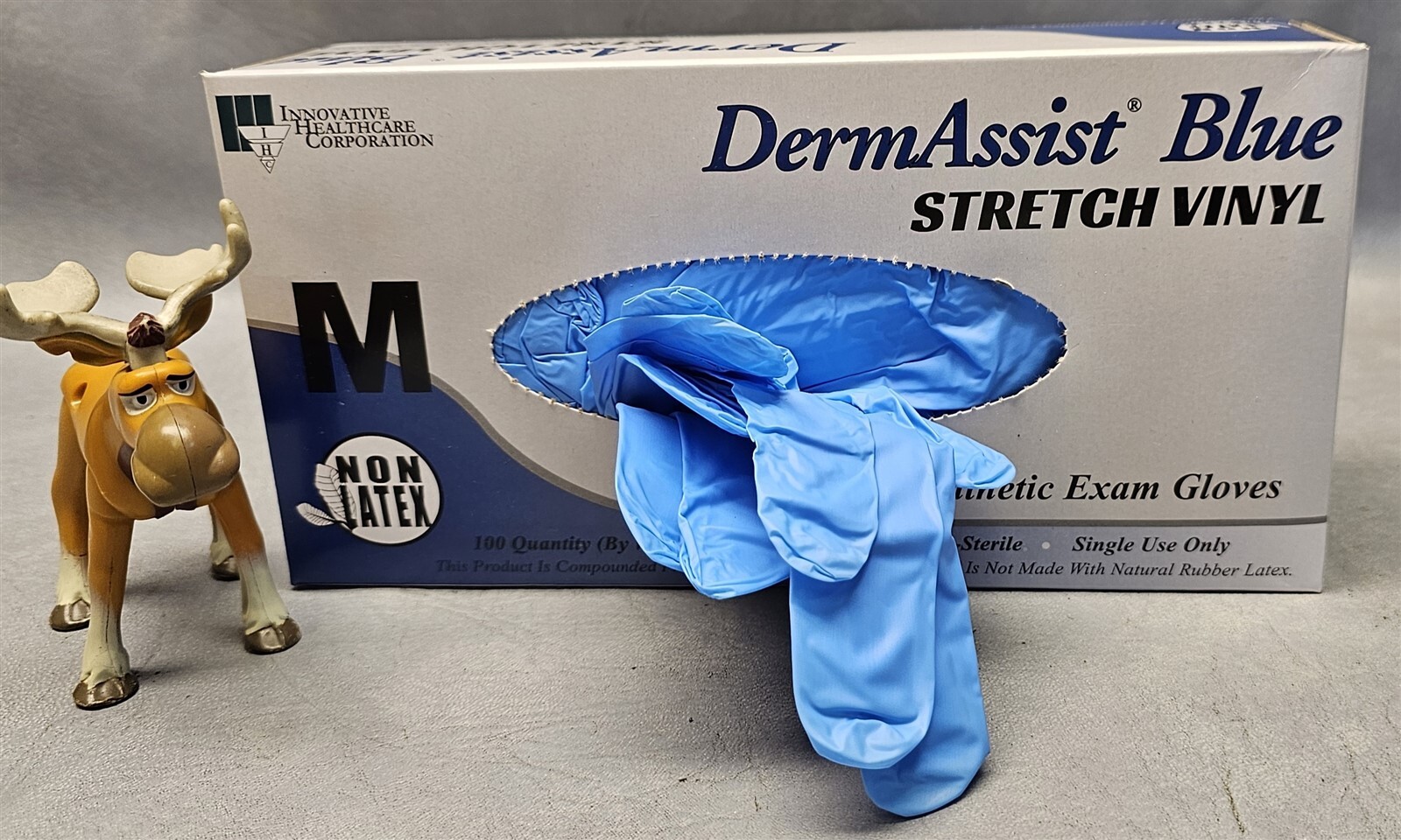 (1000) DermAssist Blue Stretch Vinyl Exam Gloves Medium Powder Free Non-Sterile