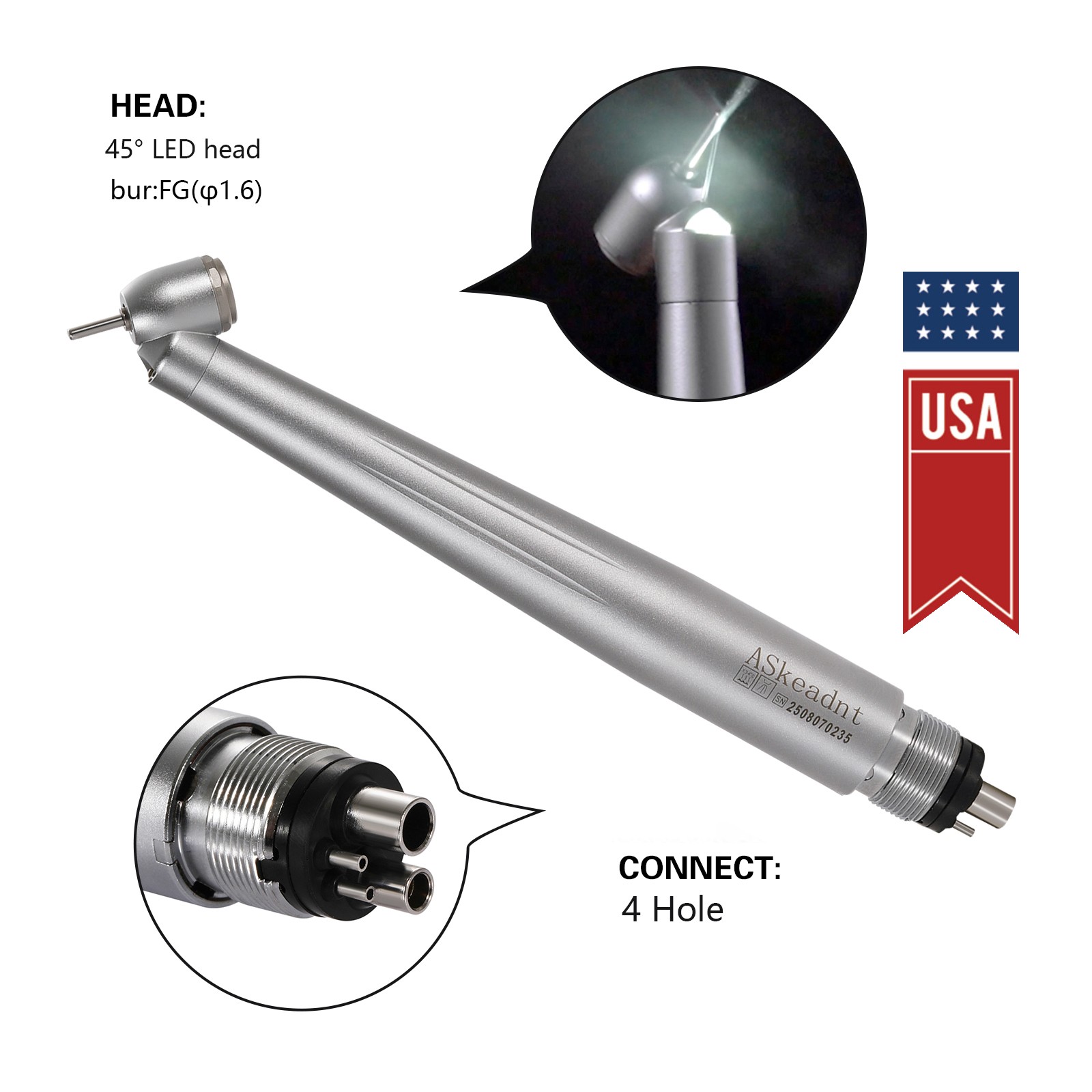 ASKEADNT Dental Surgical Handpiece 45 Degree High Speed 4 Hole LED