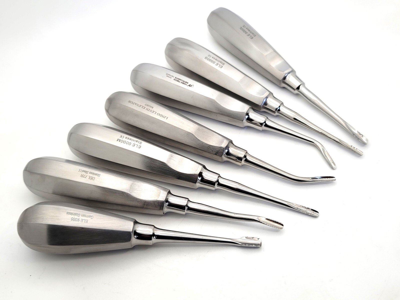 7 pcs Assorted Serrated Root Tip Straight Curved Angled Offset Dental Elevators