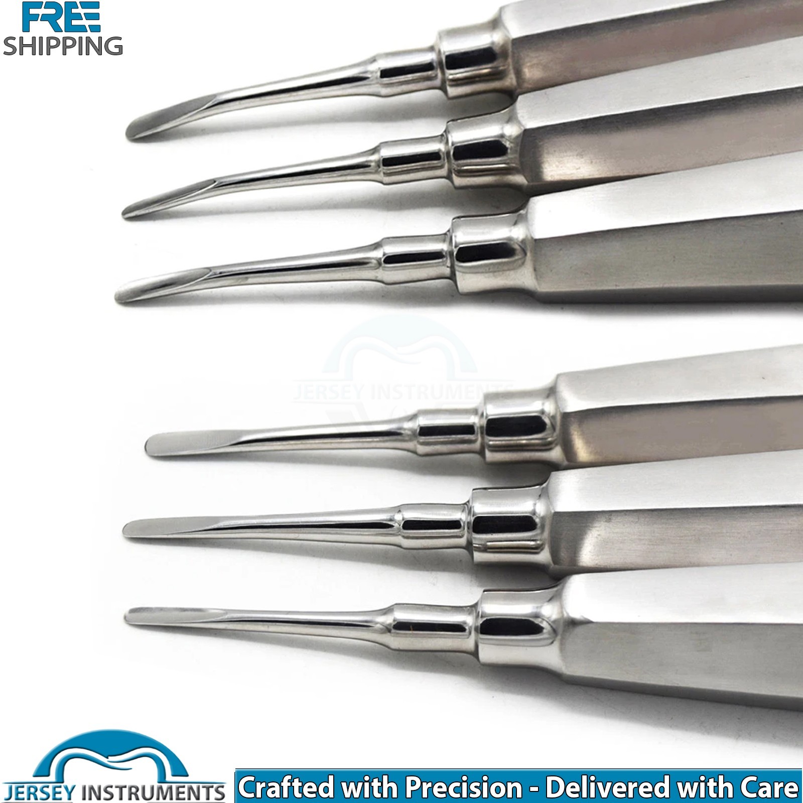 Set of 6 Luxation Dental Extraction Elevators 3mm 4mm 5mm Straight & Curved New