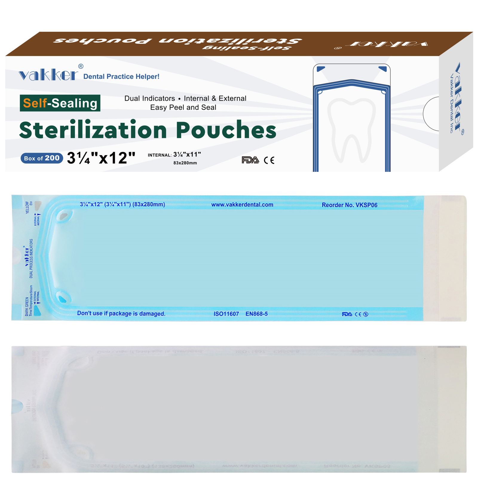 Vakker 200 3.25″ x 12″ Dental Self Sealing Sterilization Pouches Autoclave Bag