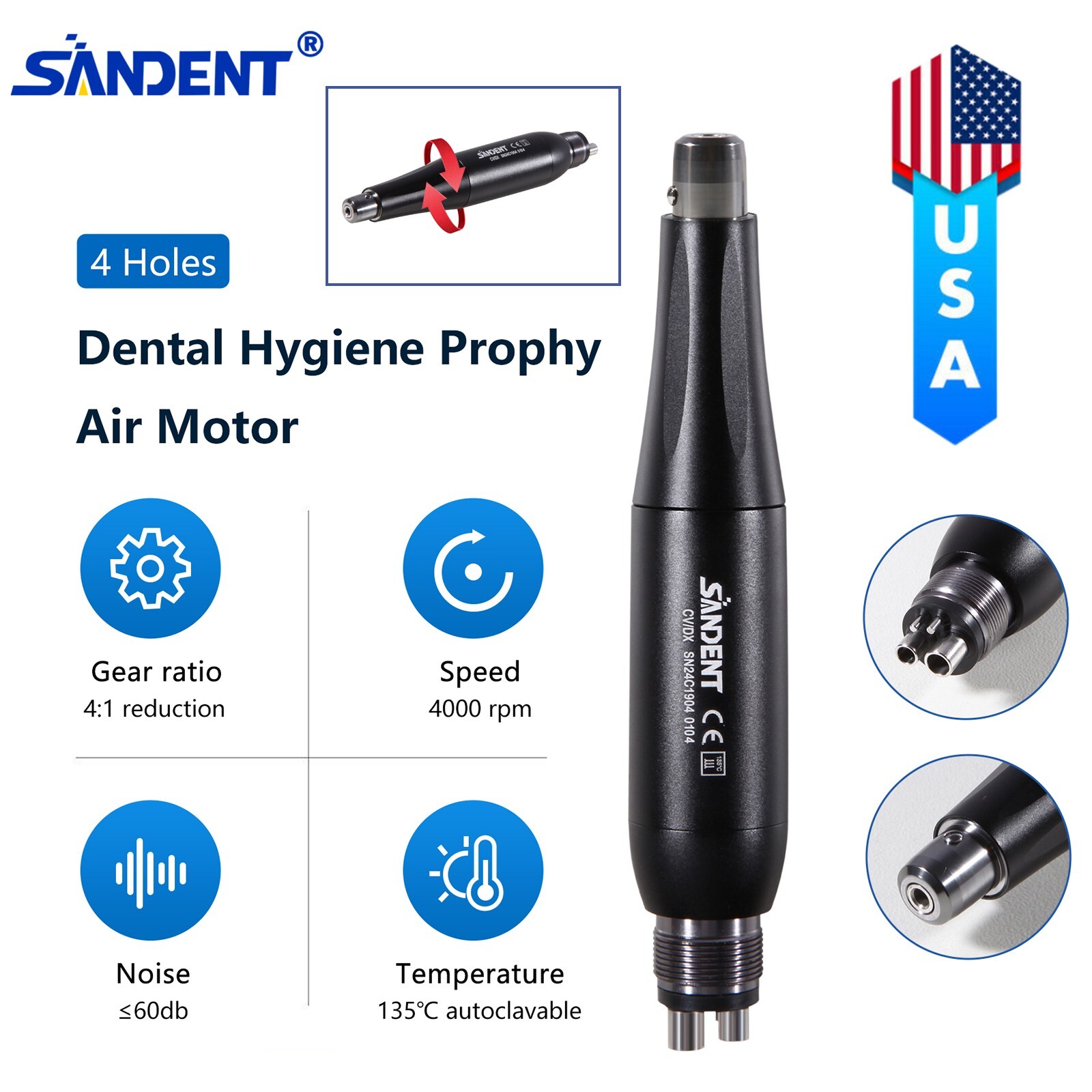 360° Swivel Dental Hygiene Prophy Handpiece Air Motor 4Holes 4:1 Nose Cone 135°C