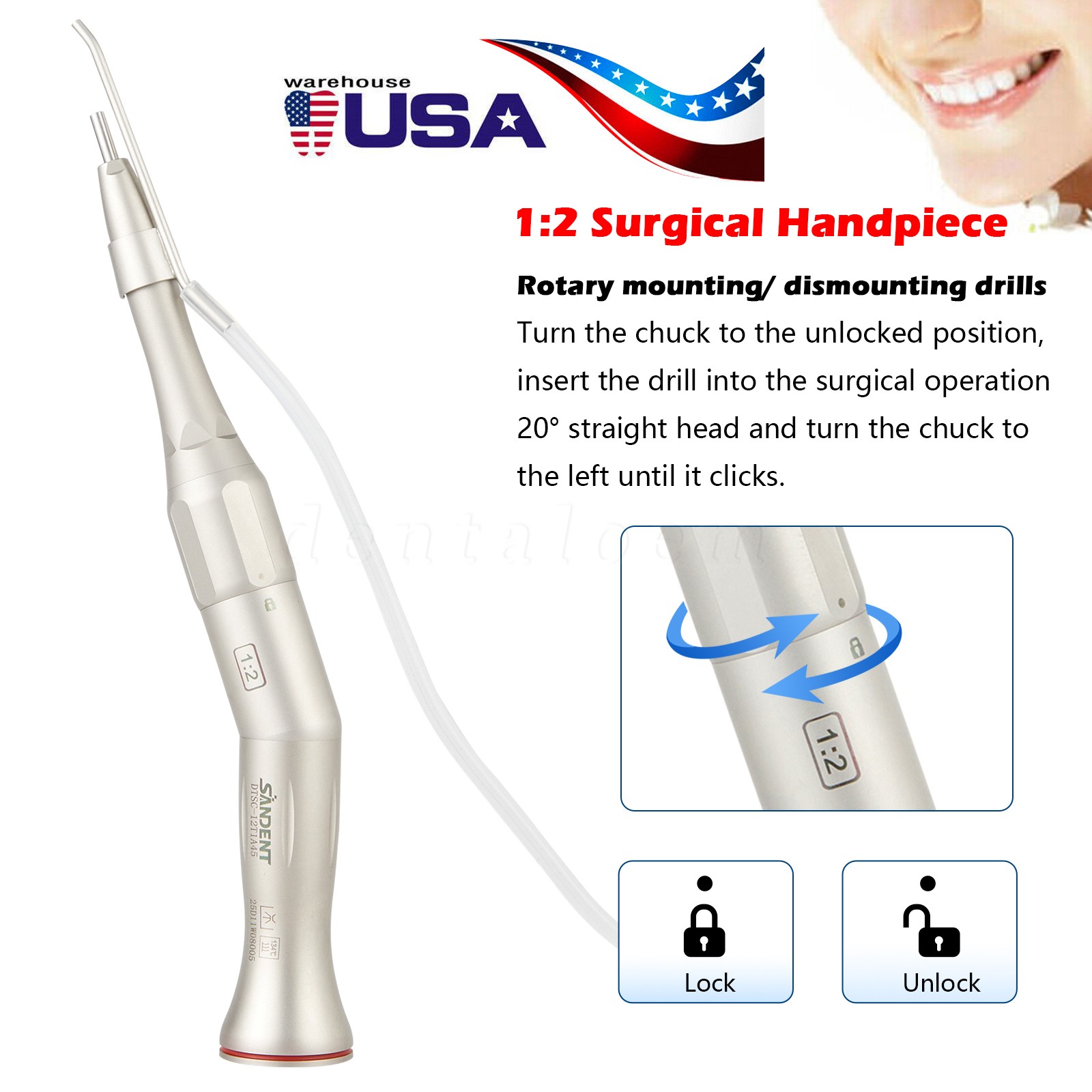 1-100 SANDENT Dental 1:2 Surgical Osteotomy Low Speed Handpiece 20º Contra Angle