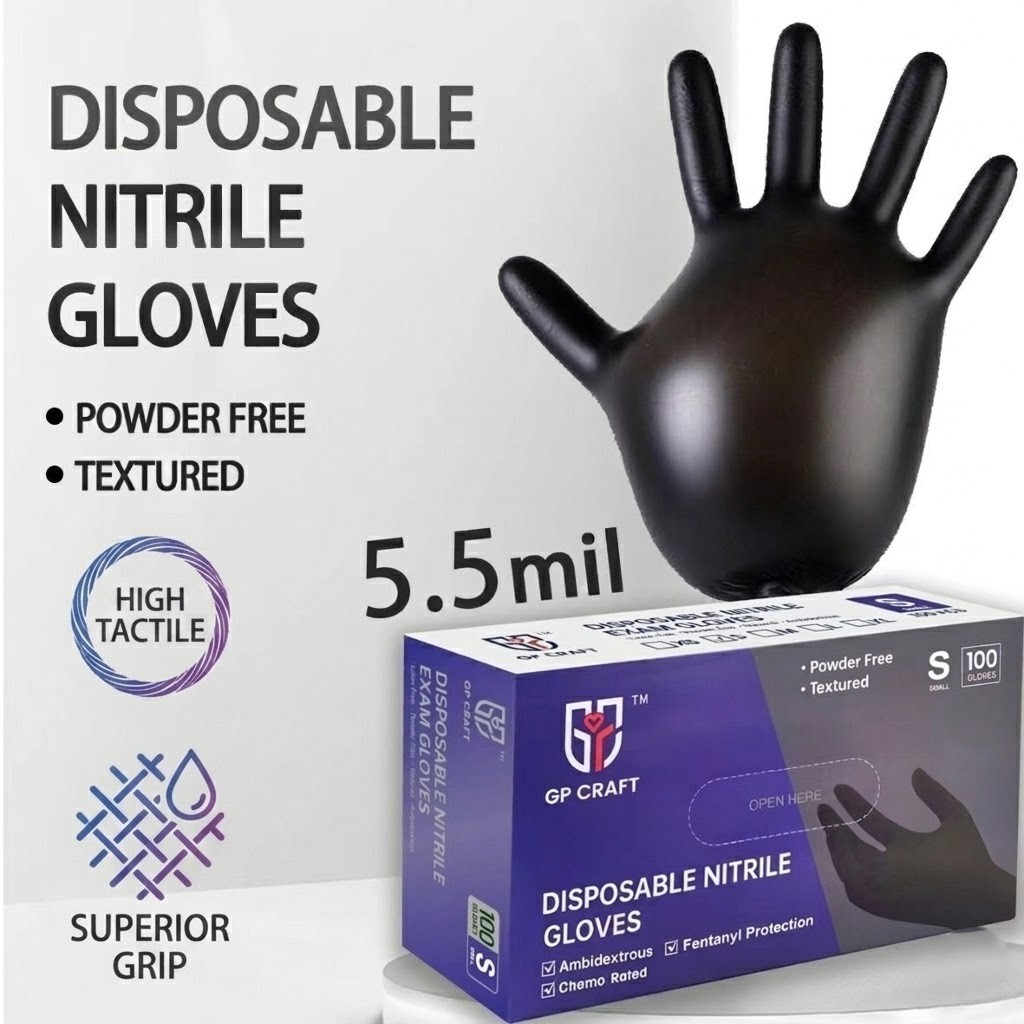 5.5 Mil Black Nitrile Gloves: Powder-Free, Latex-Free (100-Count)