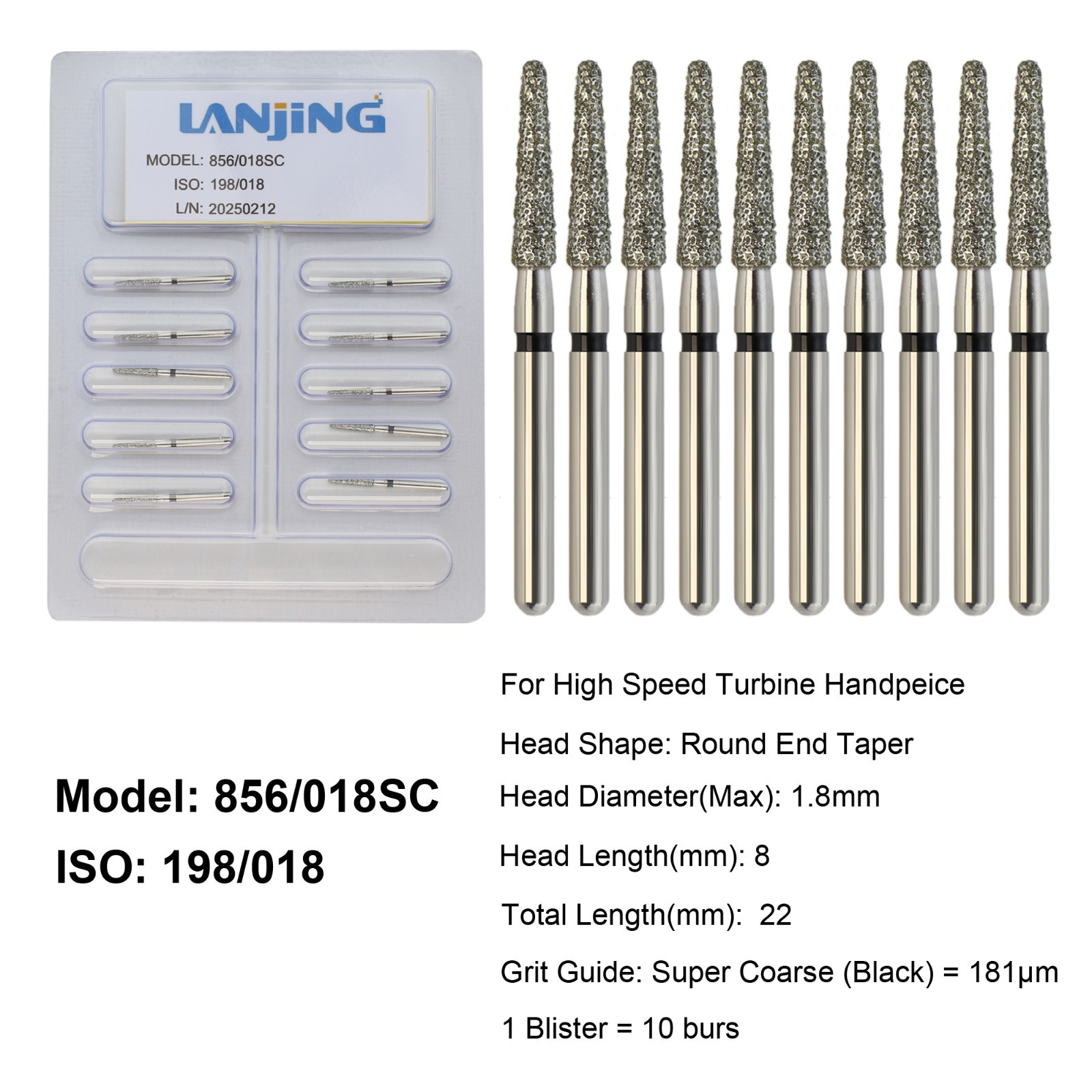 Dental Diamond Burs Round End Taper Diamond Bur Coarse Fine FG High Speed 856