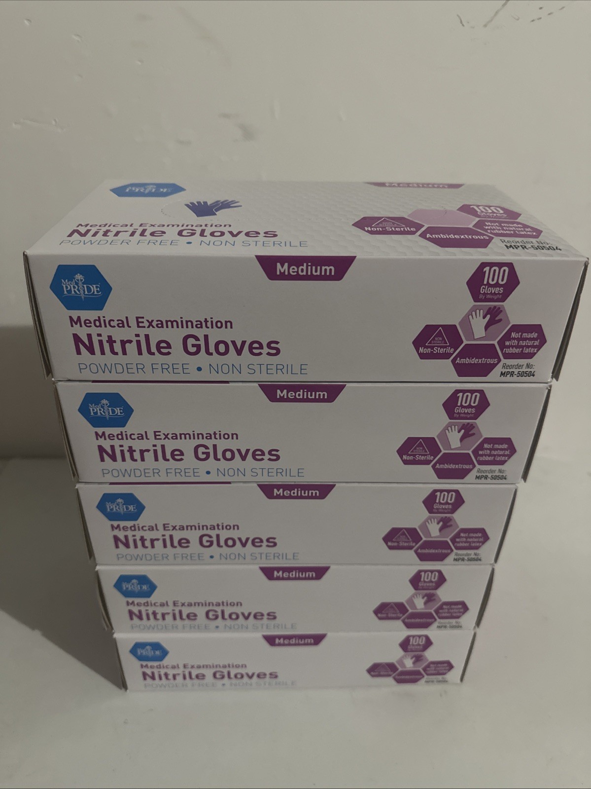 5 PK-MedPride-Powder-Free Nitrile Exam Gloves – Medium – 100 Per Box-500 Total
