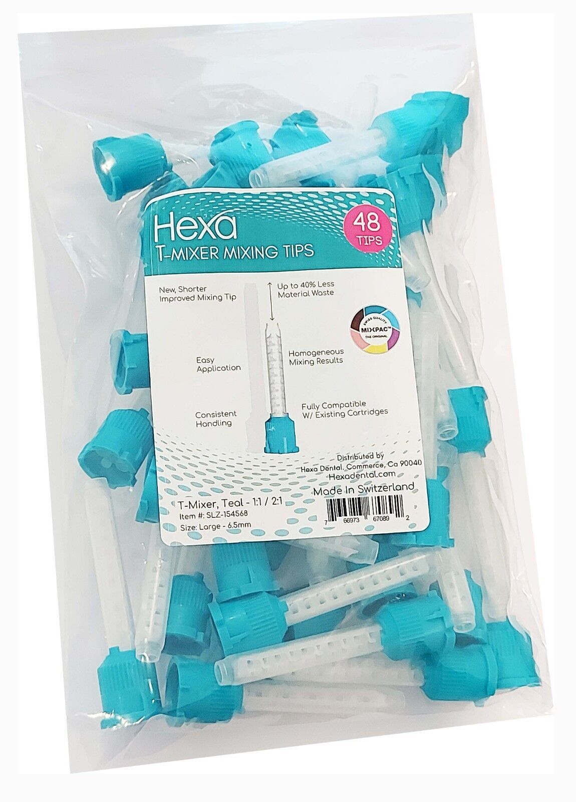 Hexa T-Mixer Teal Mixing Tips, Large 6.5 mm, 48/Pk. 1:1 & 2:1 Ratio