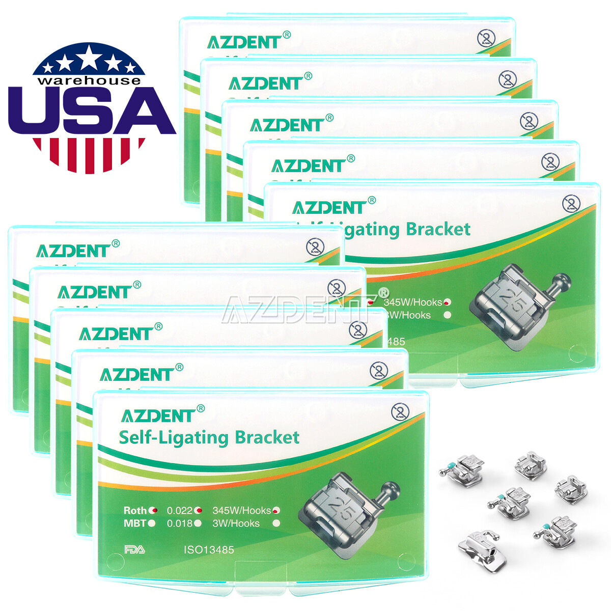 AZDENT Dental Metal Self-Ligating Brackets Braces Mini Roth.022 345 Hooks USA