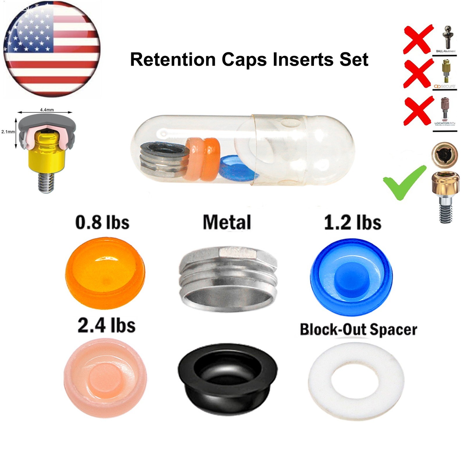 US 8Pcs Dental Overdenture Retention Caps For Implant Locator Abutment Inserts