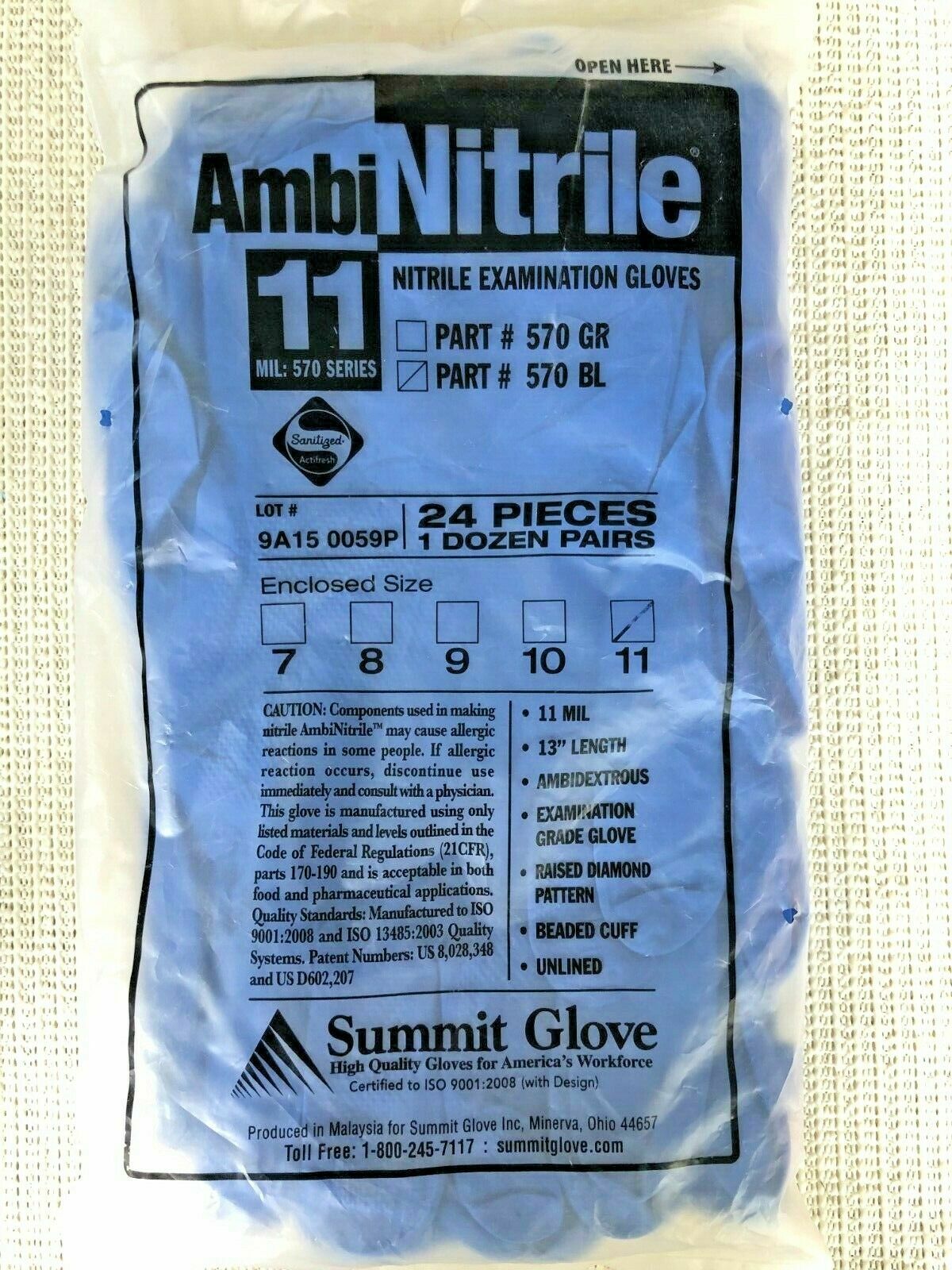 Summit Glove #570BL AmbiNitrile Nitrile Exam Gloves, Size 11 – Qty: 12 pairs