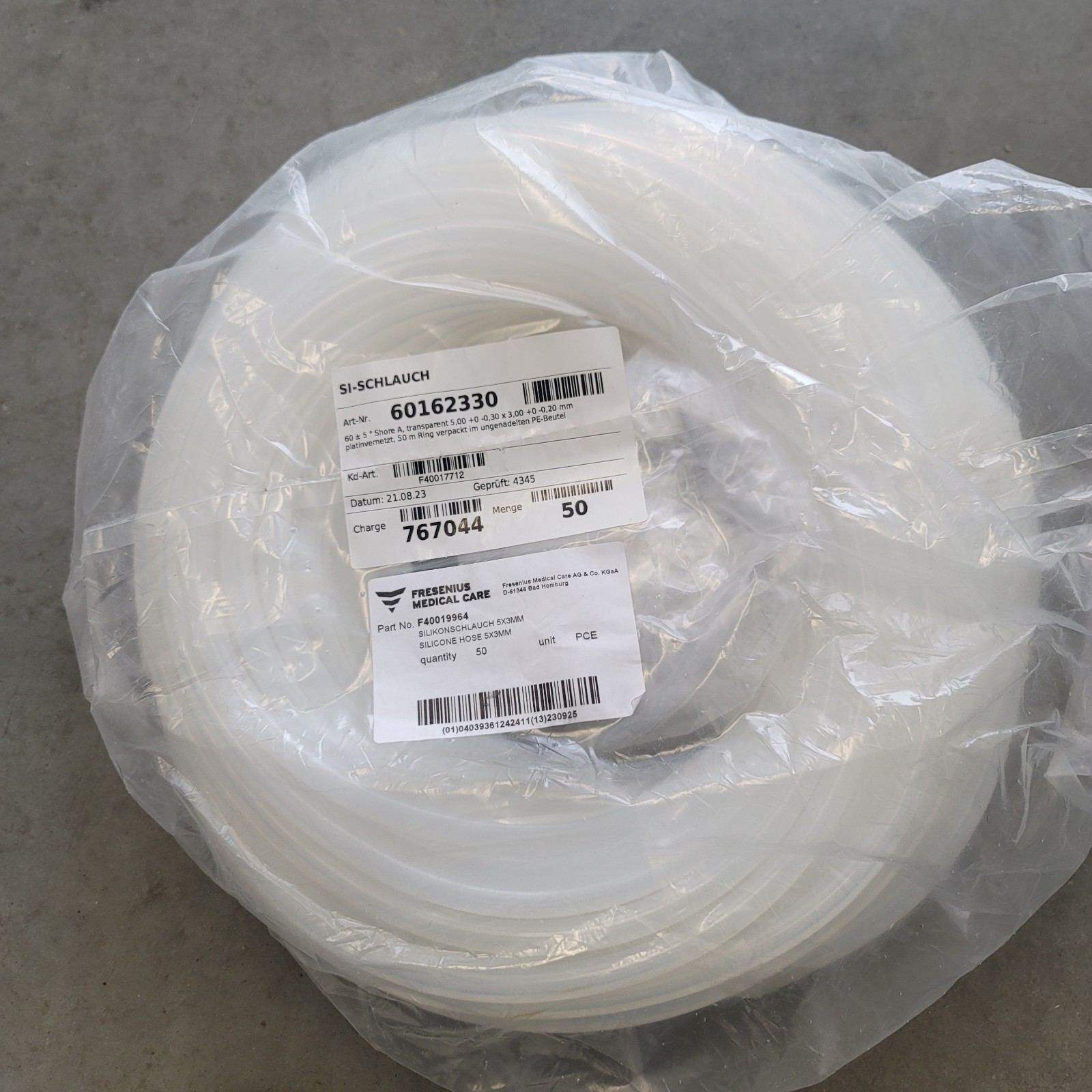 Fresenius Medical 50M Clear Silicone Tube 5 x 3MM F40019964 Transparent 50 METER