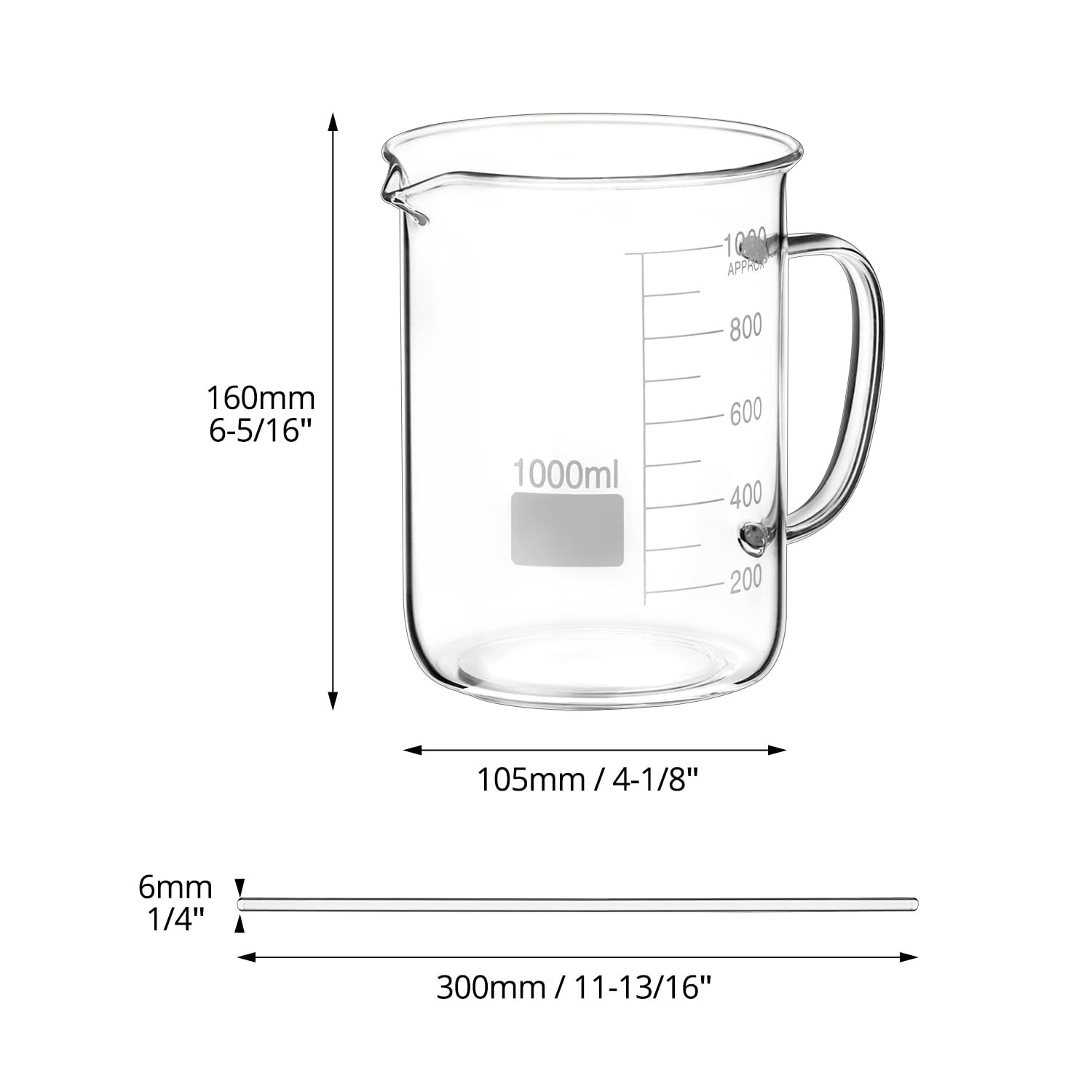 2 Pack 1000Ml Borosilicate Glass Beaker with Handle, & 10 Pcs 12″ Science Glass