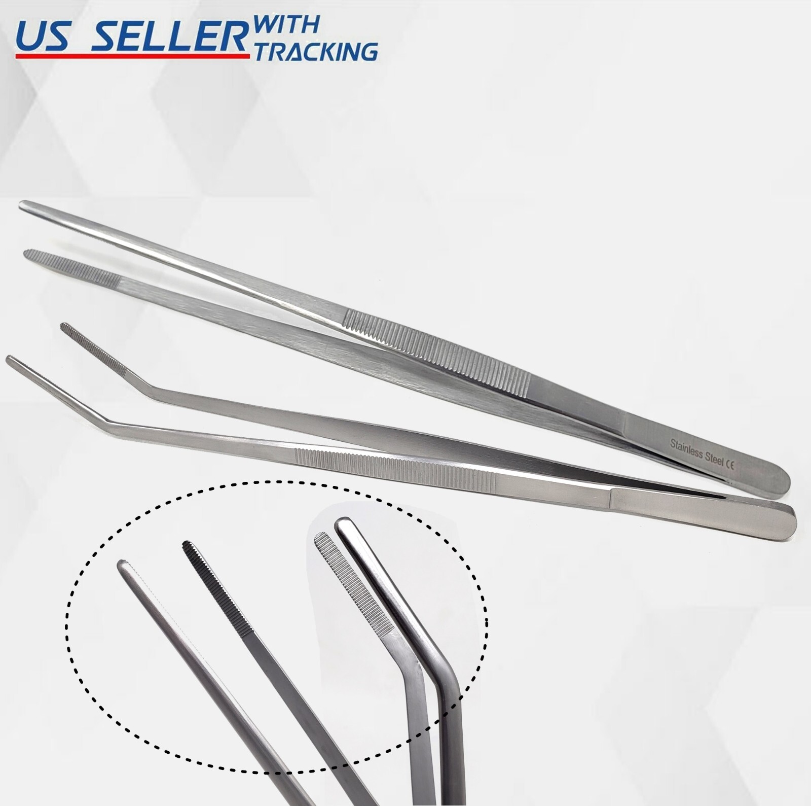Set of 2 Handy Tweezers 12″ Extra-Long Instruments Forceps Straight & Curved