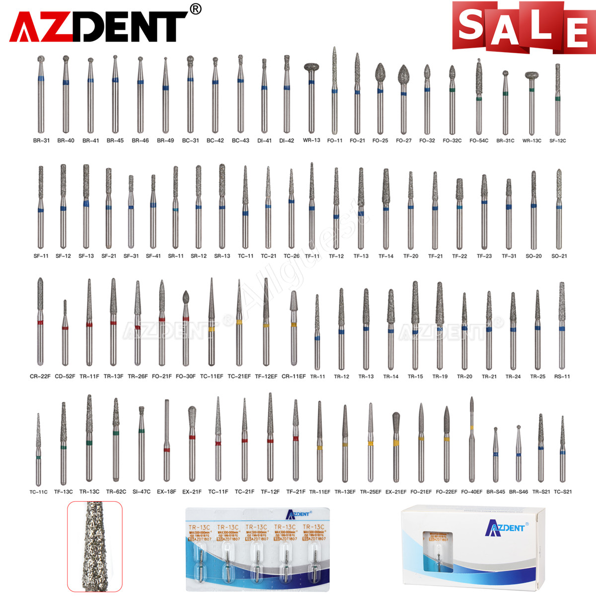 100pcs AZDENT Dental FG Diamond Burs for High Speed Handpiece Friction Grip