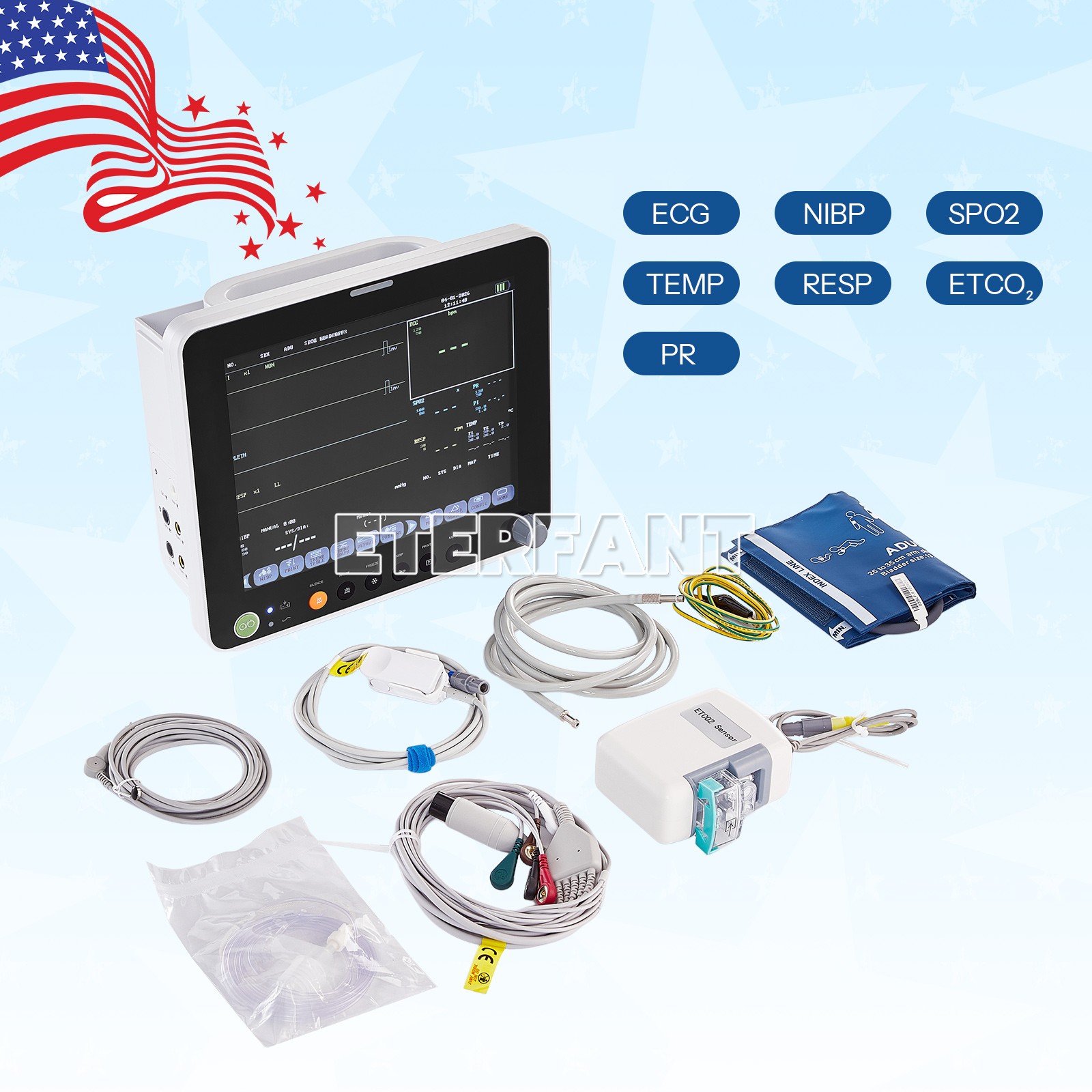 12″ Patient Monitor with ETCO2 Multi-Parameter ECG/NIBP/RESP/TEMP/SPO2/PR/ETCO2