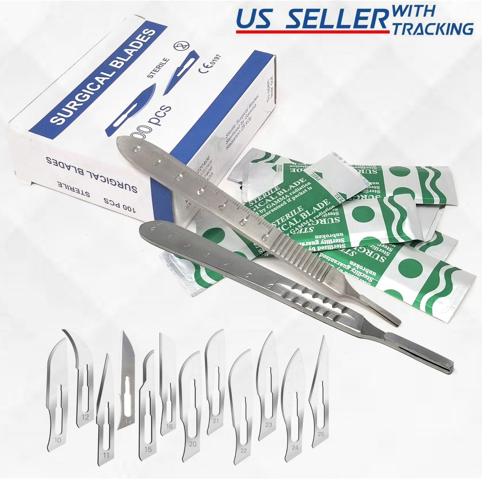 Premium 100 Sterile Surgical Scalpel Blades with FREE Handle Medical Dental Tool