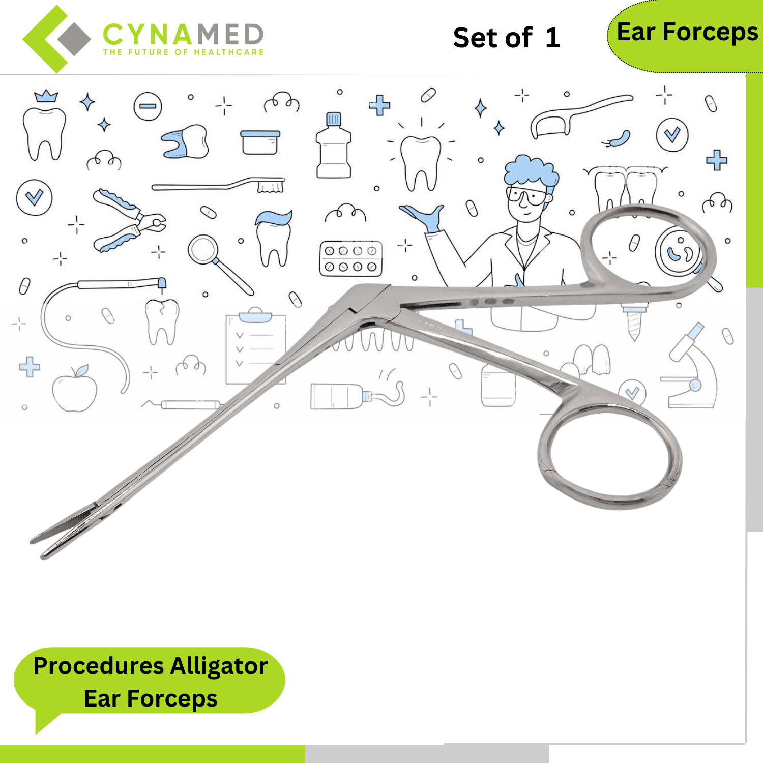 Cynamed Stainless Steel Precise ENT Procedures Alligator Ear Forceps Curved Jaw