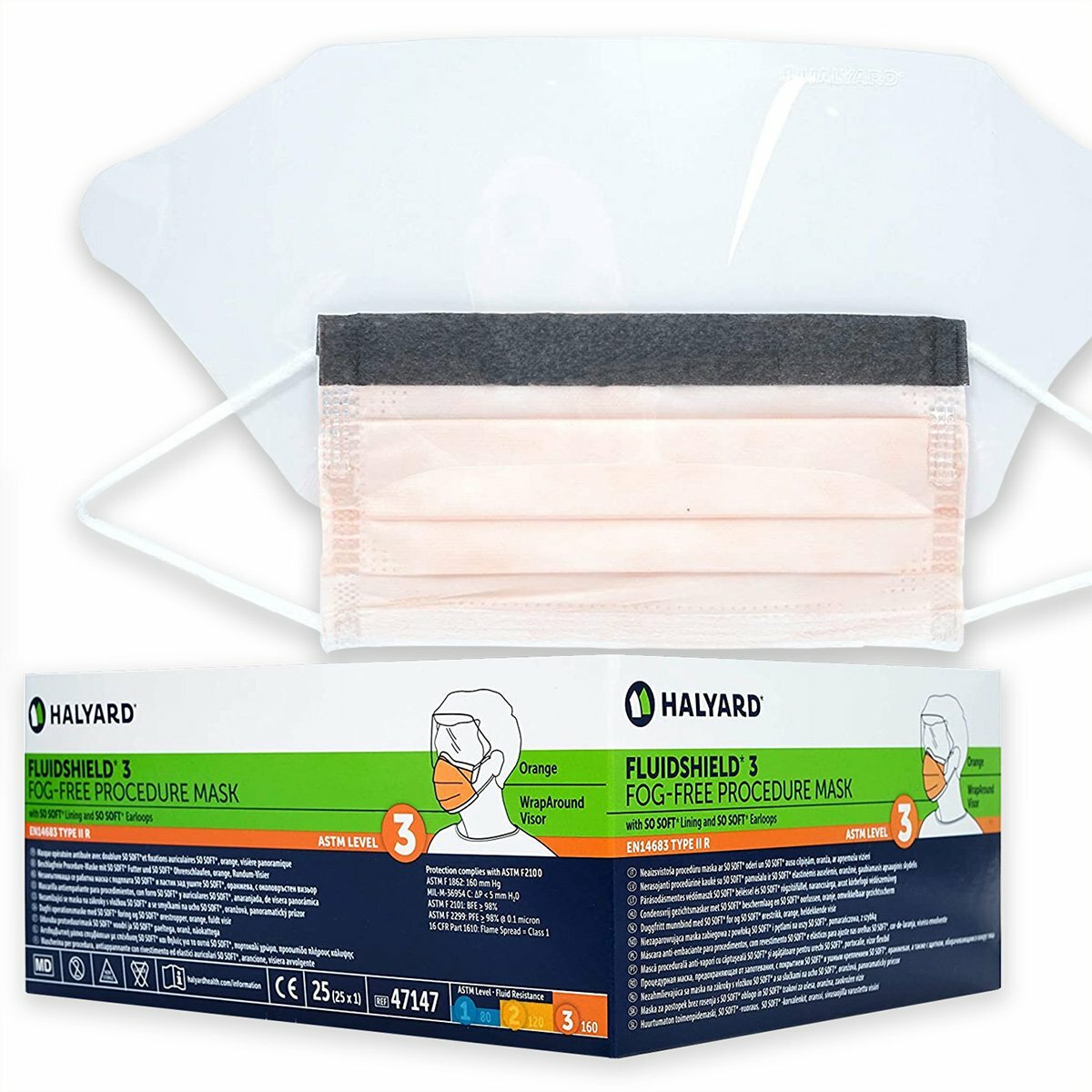 *25-Pieces* Halyard FluidShield Level 3 Visor Procedure Face Mask Orange 47147