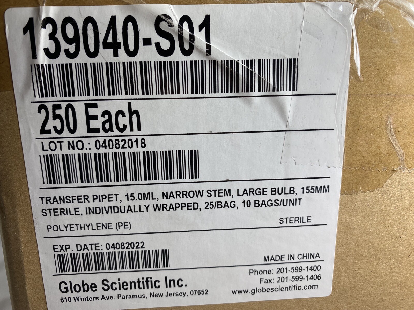 GLOBE SCIENTIFIC Polyethylene 15mL 155mm Transfer Pipette 139040-S01 (200/cs)