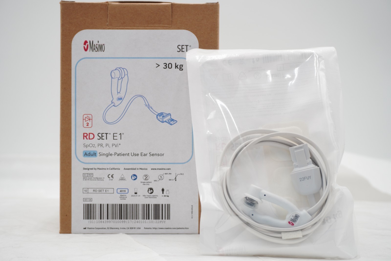 Box/10 Sensors, Masimo RD SET E1 SpO2 PR Pi PVi Adult EAR Sensor REF 4015