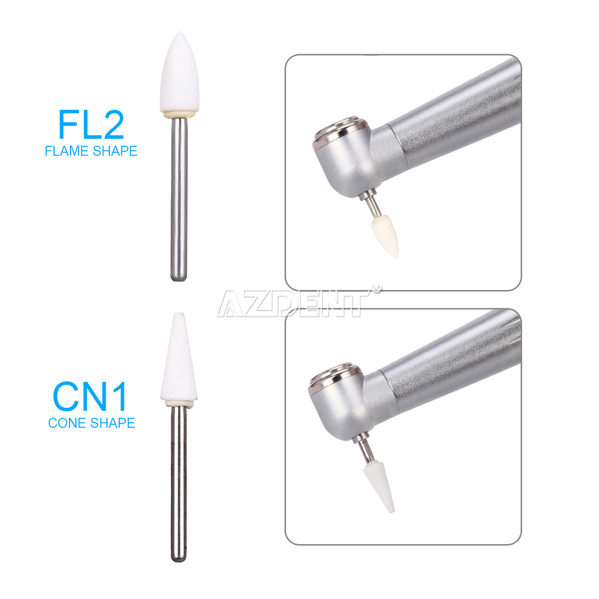 3Type Dental White Stone Polishing Burs FG Aluminum Oxide Flame/Cone/Round Shape