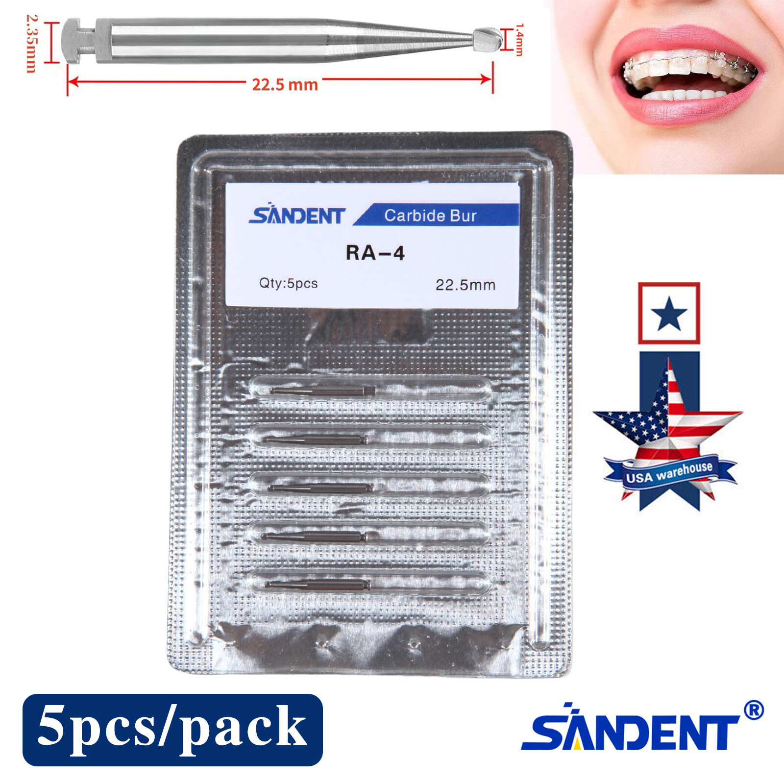 SANDENT Dental Round Carbide Bur for Slow Speed Latch RA4 5pcs/pack