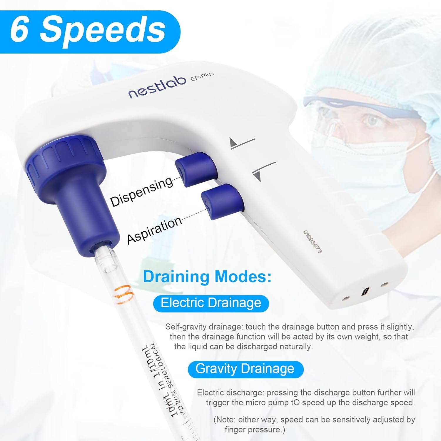 Lab Electric Pipette Controller 100ml LCD Screen 6 Adjustable Speed Dual Modes