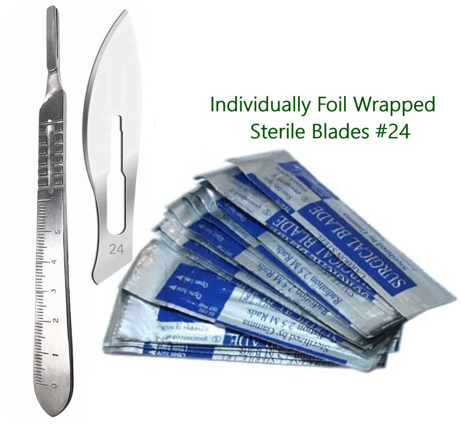 50 Sterile Surgical Blades #24 With Free Scalpel Knife Handle #4