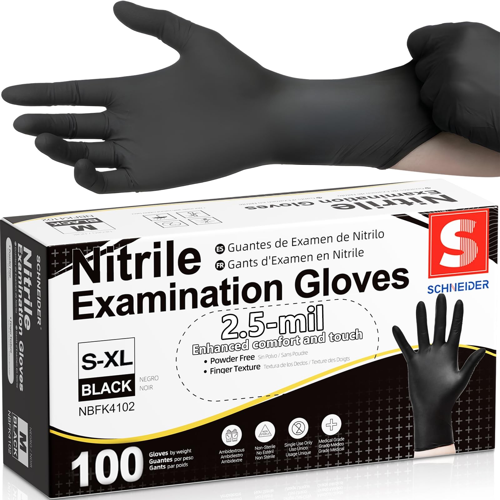 Schneider Black Nitrile Exam Gloves, Box of X-Large, 04 Black(x-large 100)