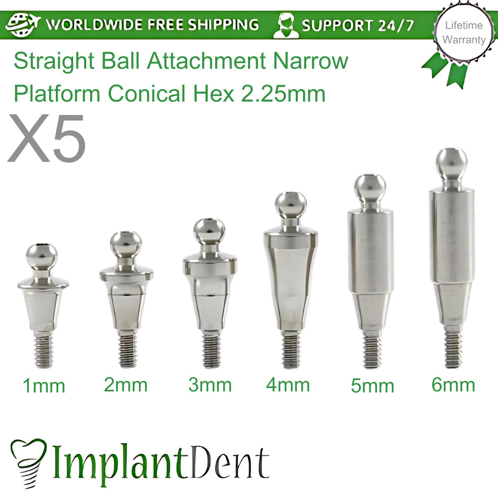 5x Straight Ball Attachment Narrow Platform Dental Lab Conical Hex 2.25m