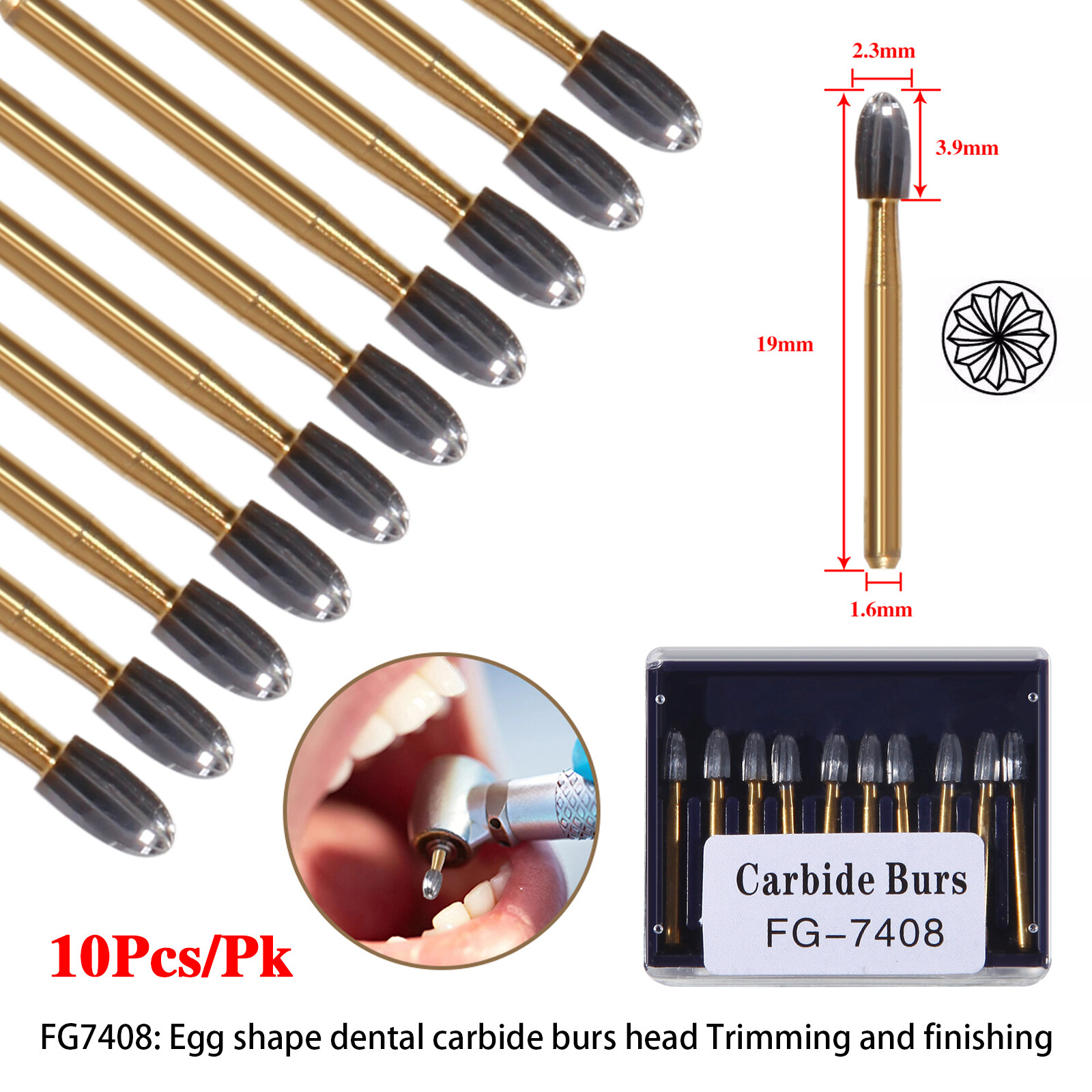 10X Dental Tungsten Carbide Burs Trimming Finishing Egg Football Bur FG 7408