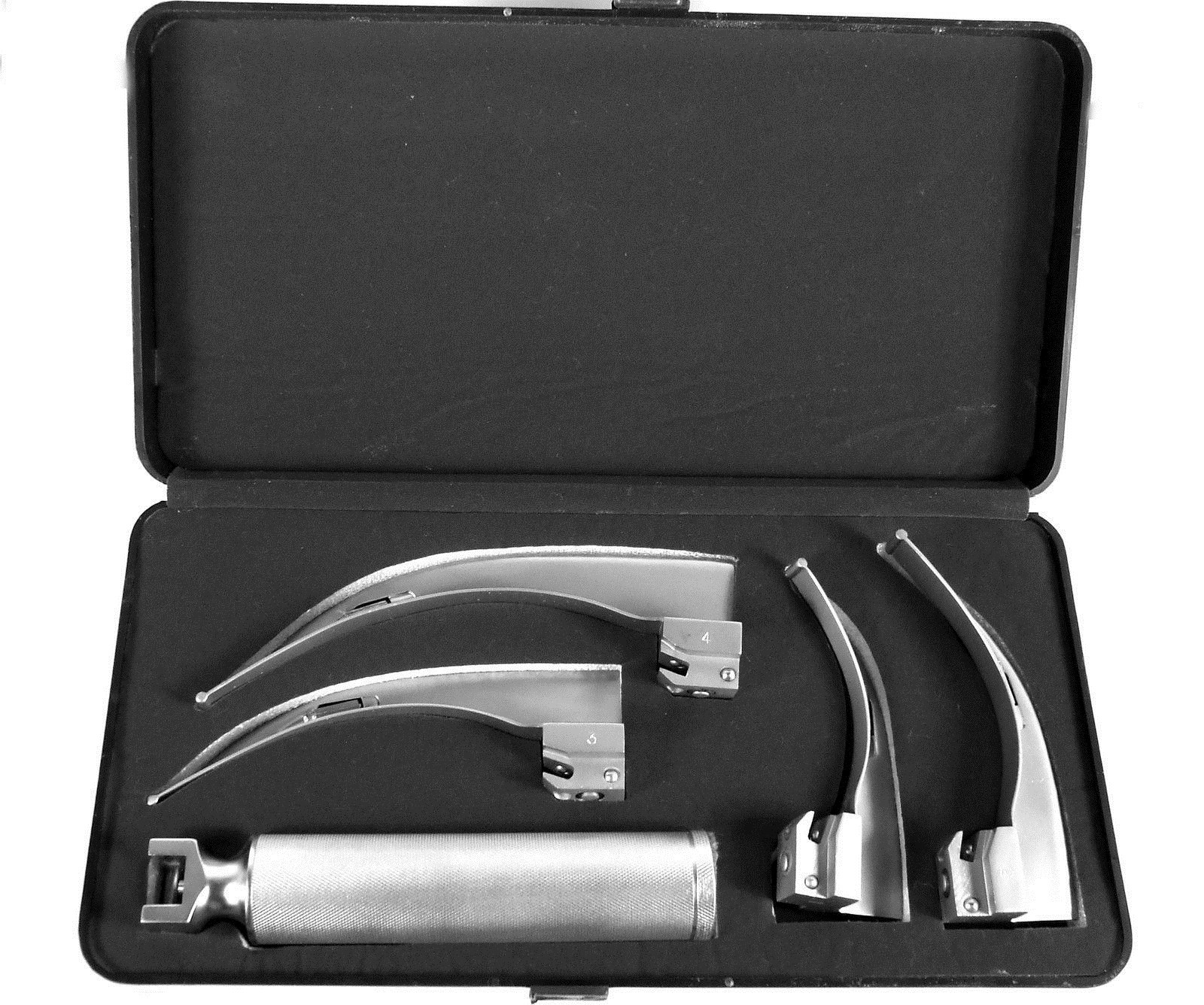 McIntosh Laryngoscope Kit of 4 Curved Blades 1 Battery Handle with Carrying Case