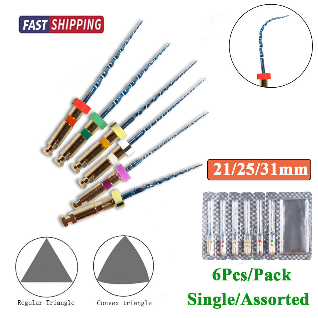6pcs 21mm/25mm/31mm Dental Endo Root Canal Rotary NiTi File