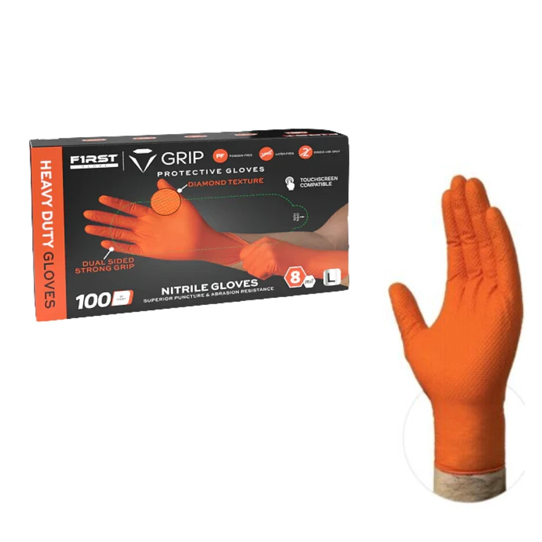 First Glove Grip Orange Nitrile Disposable Gloves 8 Mil XLARGE Diamond Texture