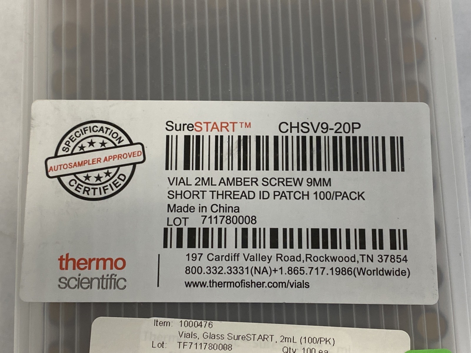 (100/Pk) THERMO SureSTART 2mL Amber Vials 9mm Short Thread ID Patch CHSV9-20P