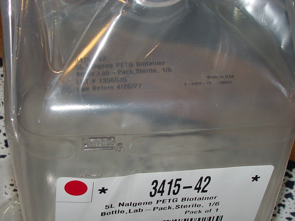 3415-42 Nalgene PC 5 Liter Biotainer Carboy, PETG, 5L, Sterile SEALED! NEW!