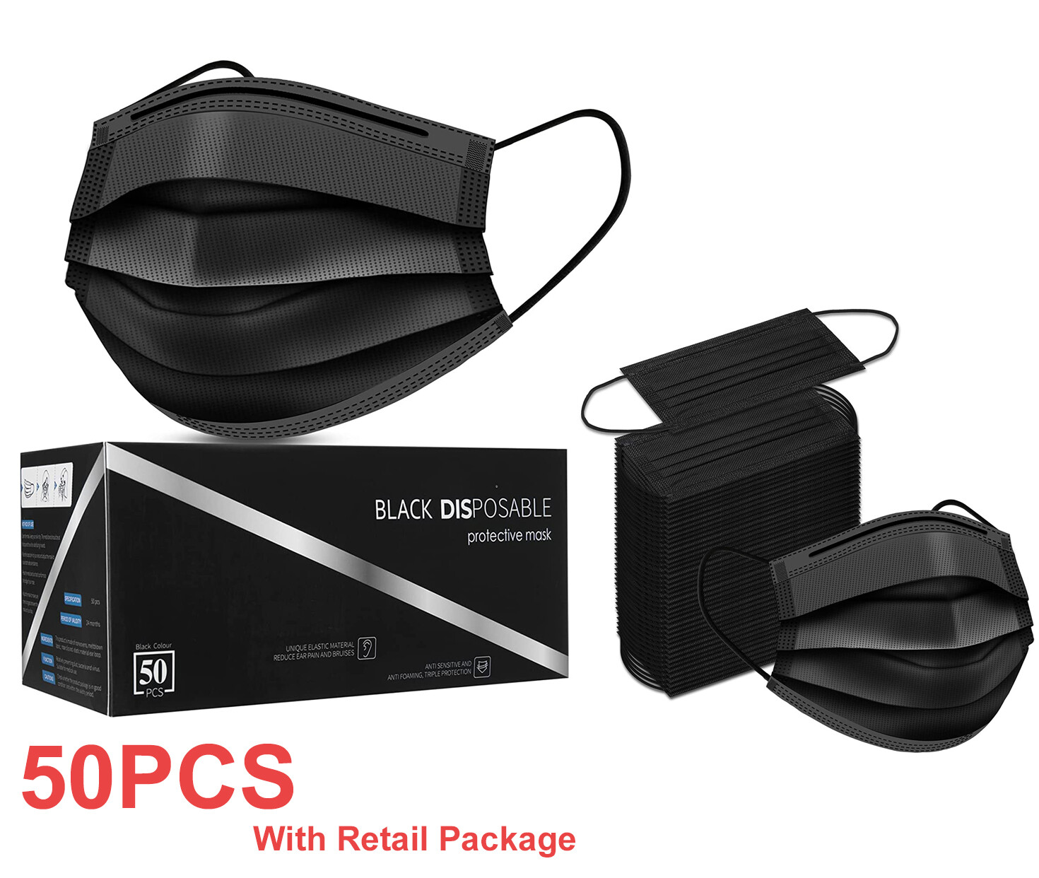 50PCS Black Premium Face Mask Mouth & Nose Protector Respirator Disposable Masks