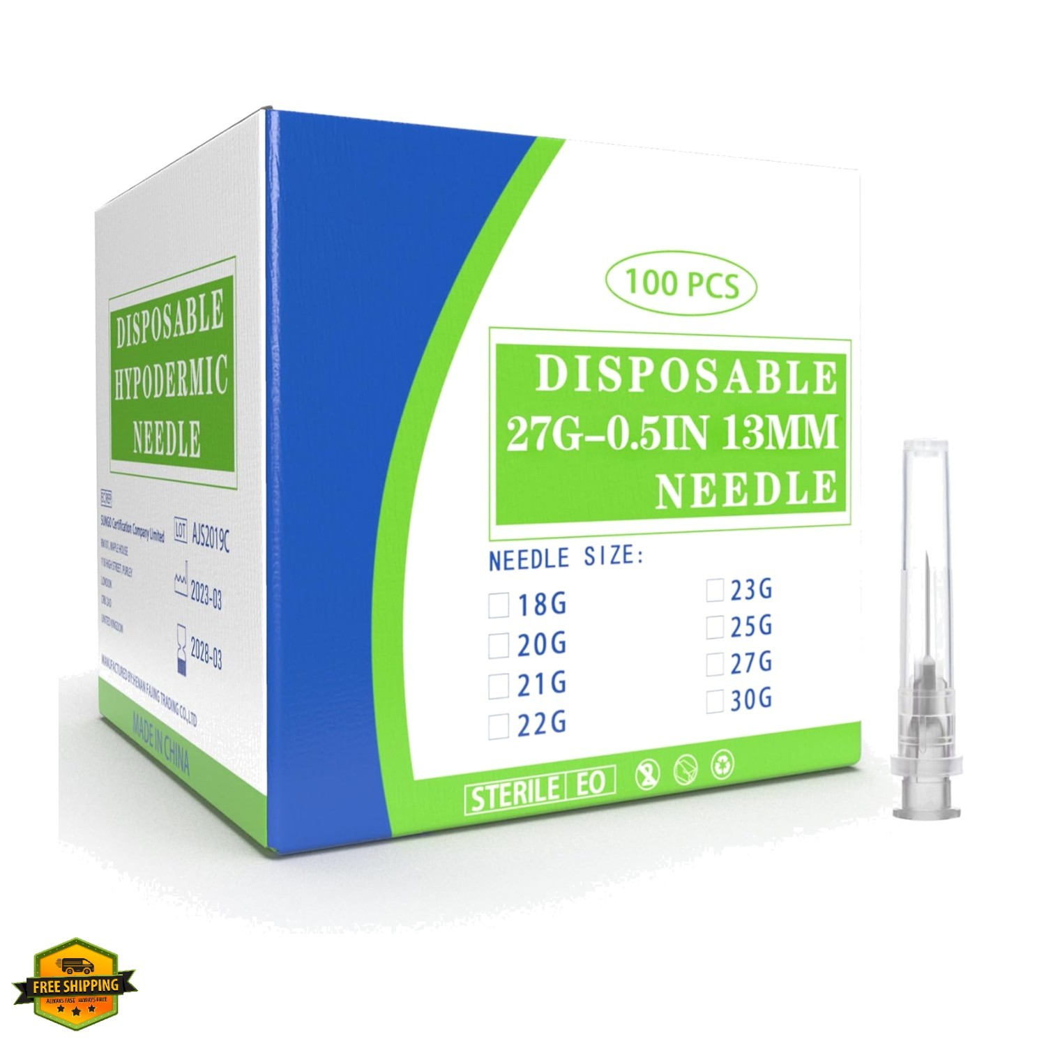 100 Pack 27 Ga 1/2 inch Disposable Needles with Caps for Scientific and Indus…