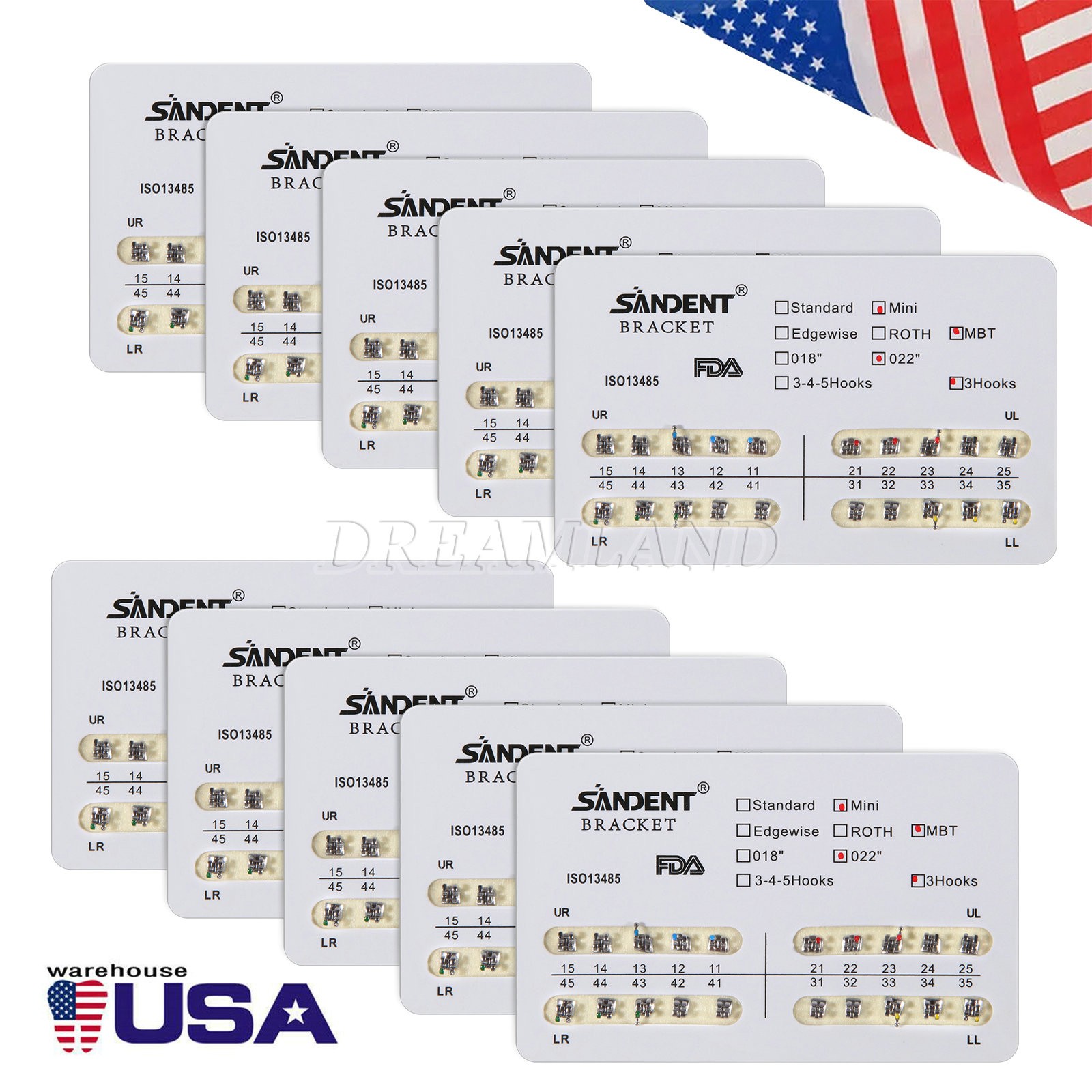 10kits SANDENT Dental Brackets Braces Orthodontic Mini MBT0.022″ Hooks 3-