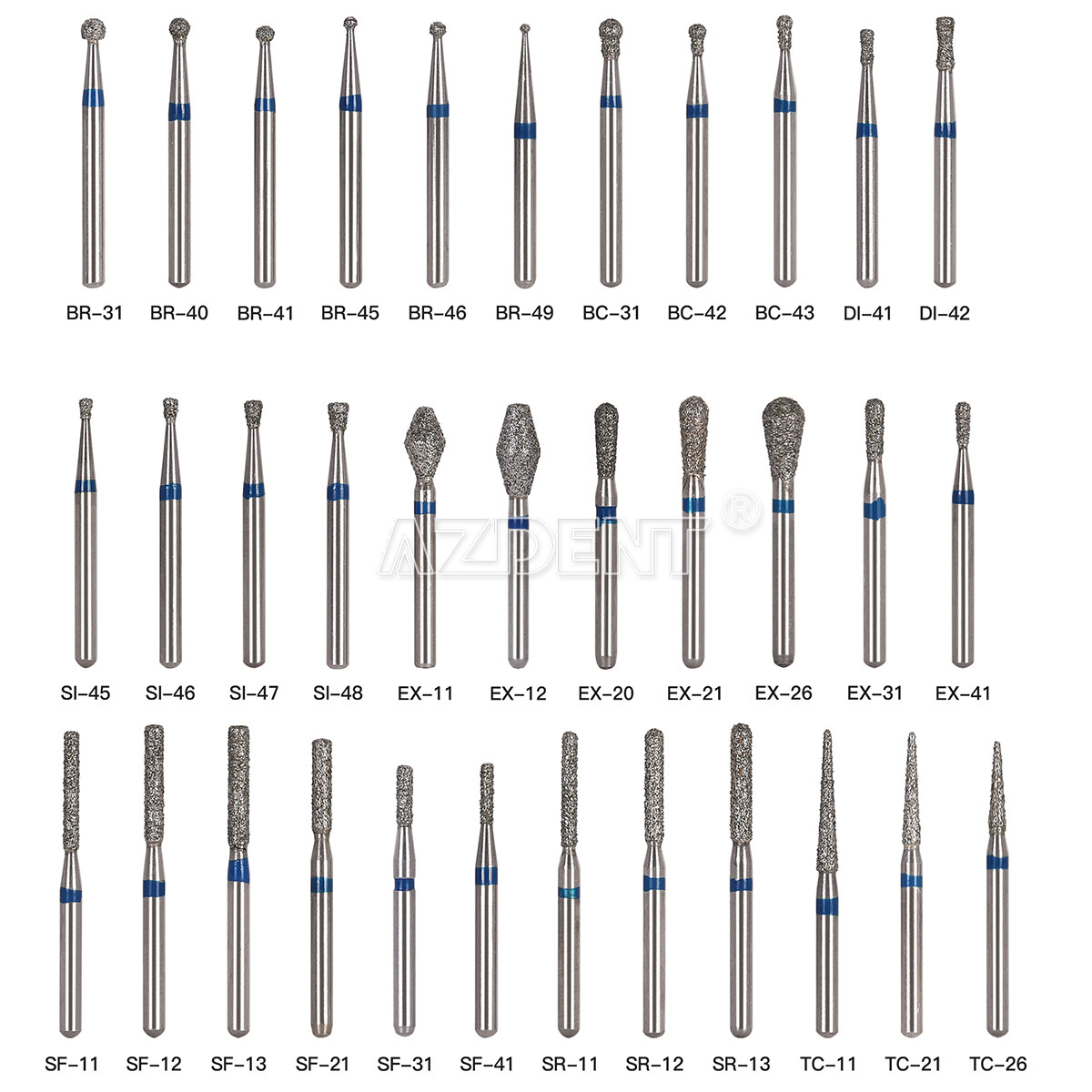 50X (250pcs) AZDENT Dental FG Diamond Burs for High Speed Handpiece