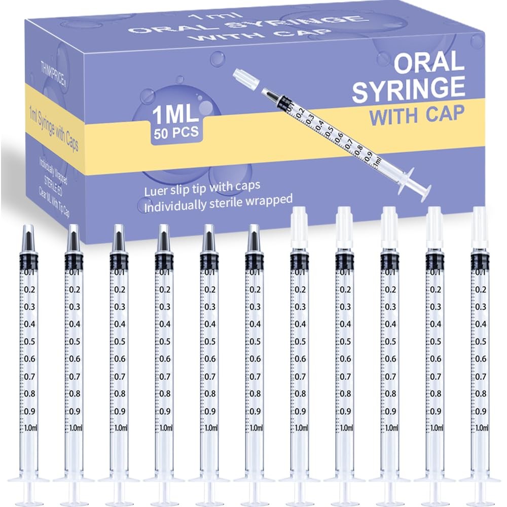 50 Pcs 1ml Syringes with Caps Oral Dispenser Individually Sterile Warpped for…