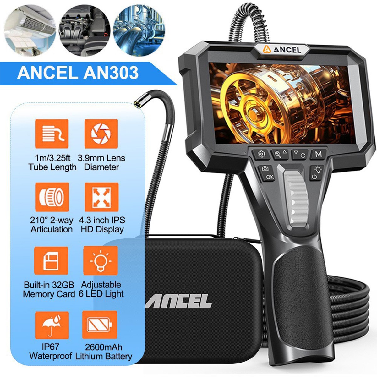 ANCEL AN303 210° Articulating Borescope Endoscope Inspection Camera 3.9MM 2-way