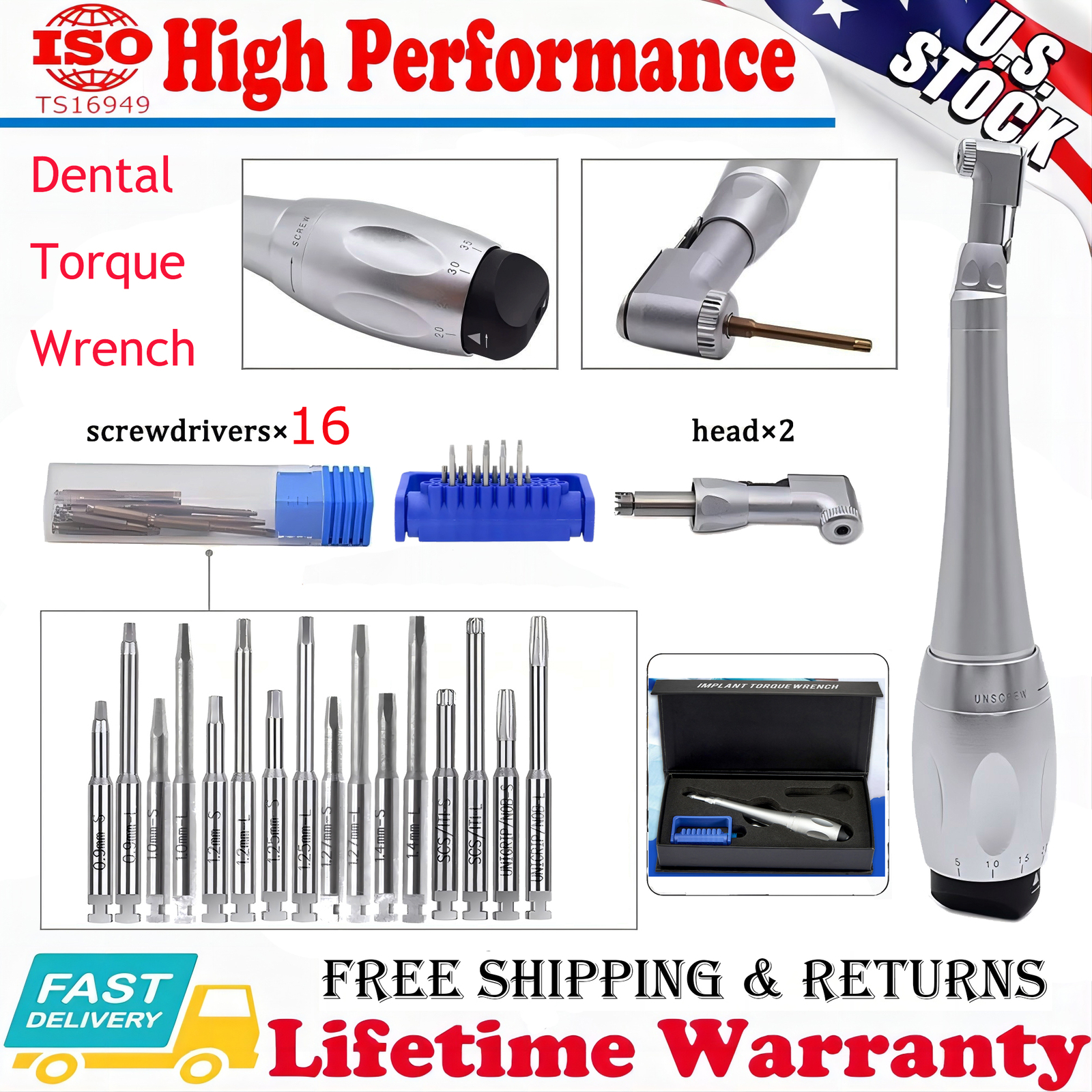 NEW Dental Torque Wrench Universal Implant Wrench Contra Angle 16 Drivers Wrench