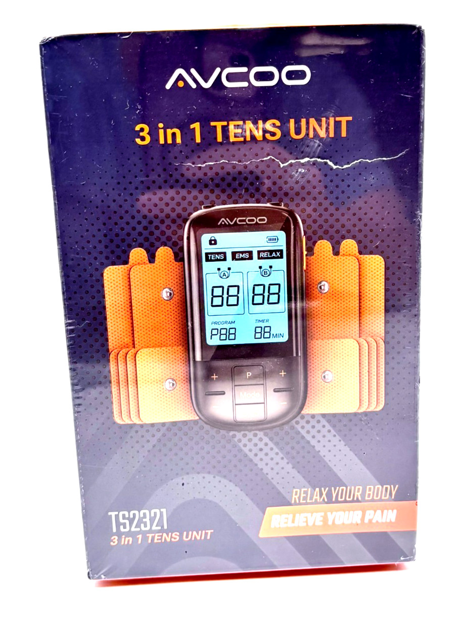 AVCOO TS2321 3-in-1 TENS Unit OTC Muscle Stimulator Brand New