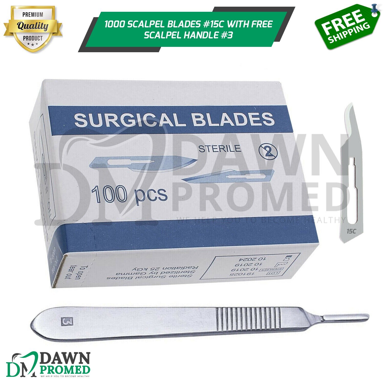 100 Sterile Surgical Blades #15C with FREE BP Scalpel Handle #3 Surgical ENT