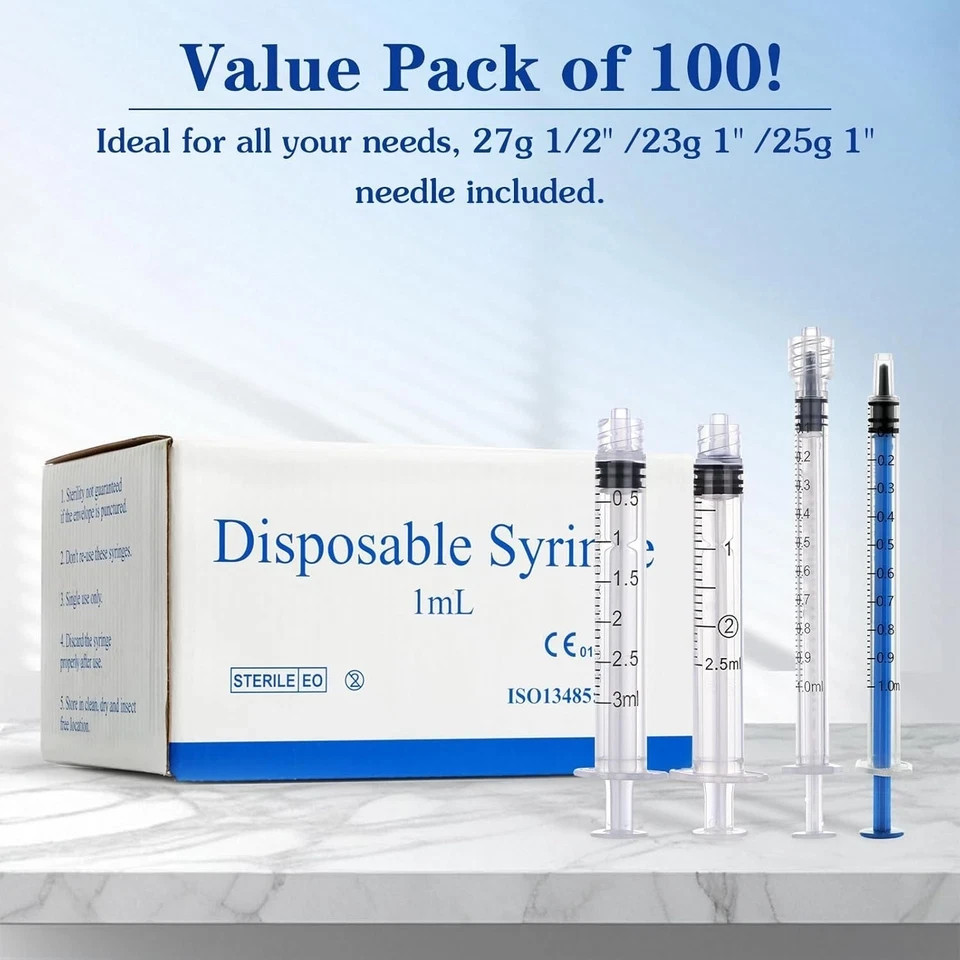 100 Pack 1ml 25Ga Luer Slip Syringes – Sterile, Disposable, Individually Wrapped